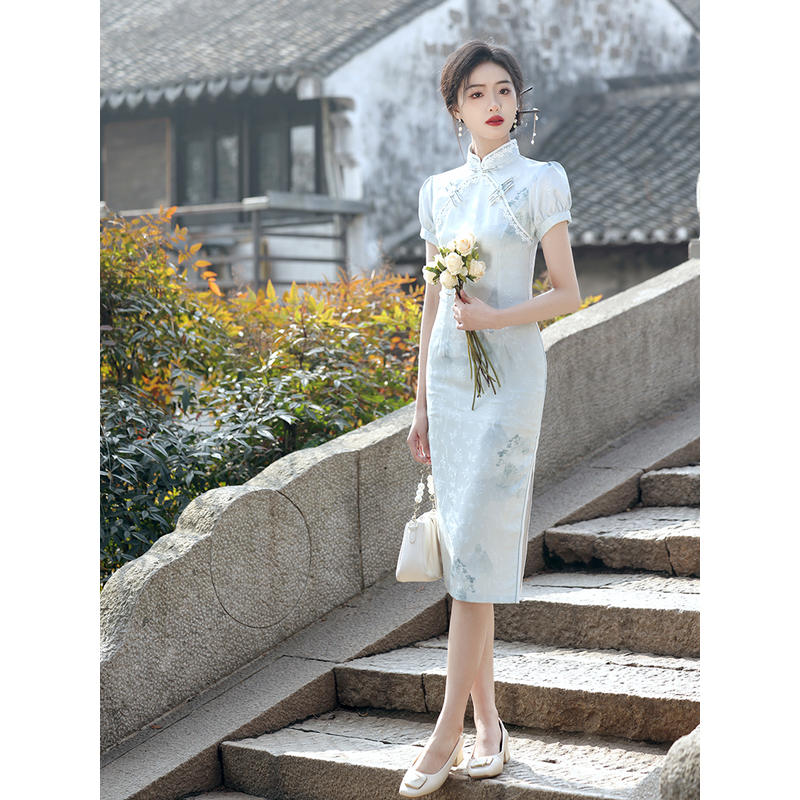 1282 中长款 蓝色 美林襟 一字对扣 提花 旗袍