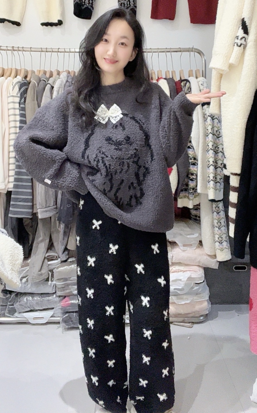 蝴蝶结小狗冬季长裤保暖半边绒睡衣家居服套装加绒圆领上衣加厚