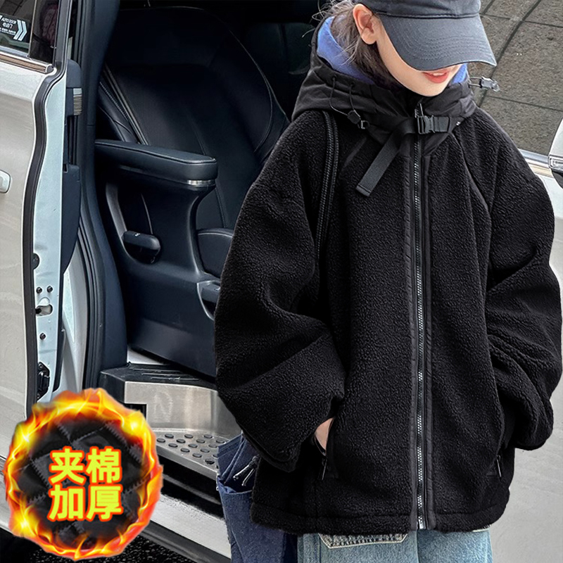 女童连帽毛毛衣秋冬装2025新款儿童宽松上衣韩版女孩加棉外套洋气