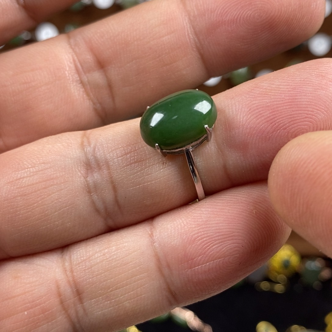 和田玉（碧玉）戒指银S925镀金镶嵌