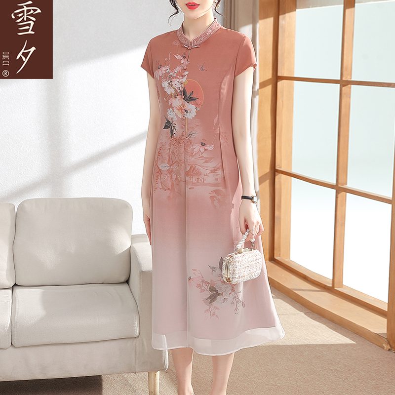 母亲节妈妈夏装连衣裙女中年国风旗袍气质长裙中老年女装过膝裙