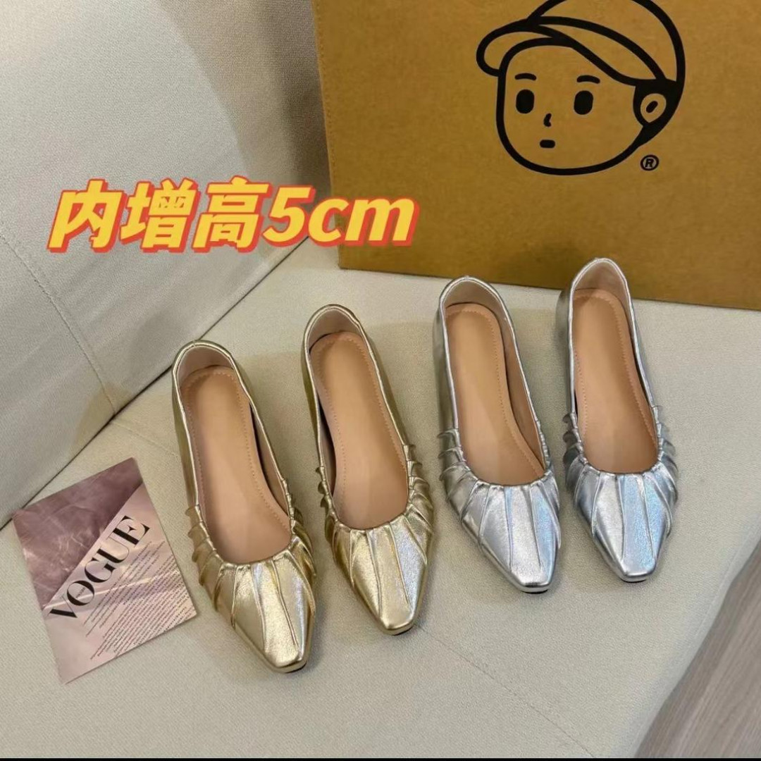 〖内增高5厘米〗法式温柔风2025新款方头一脚蹬金色褶皱玛丽珍单鞋