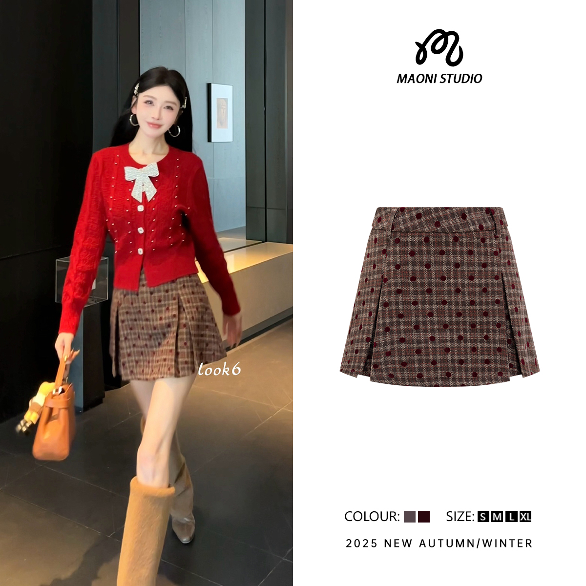 毛妮LADIESFIRST韩系格纹波点毛呢半身裙女冬季开叉A字短裙L2922