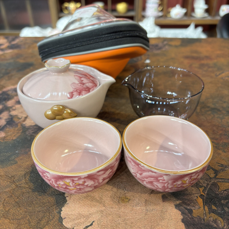 粉汝牡丹防烫手抓壶茶杯旅行茶具套装G2399