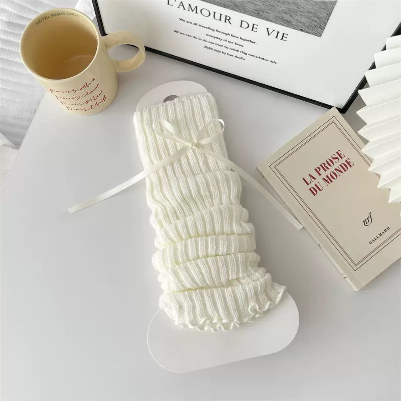 白色洛丽塔蝴蝶结堆堆袜套甜美jk风y2k千禧辣妹腿套秋冬季保暖