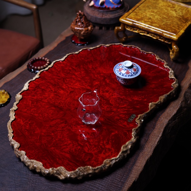 70-45-2.6 缅甸黄金樟干泡茶盘家用缅花满榴花茶具整块实木托盘
