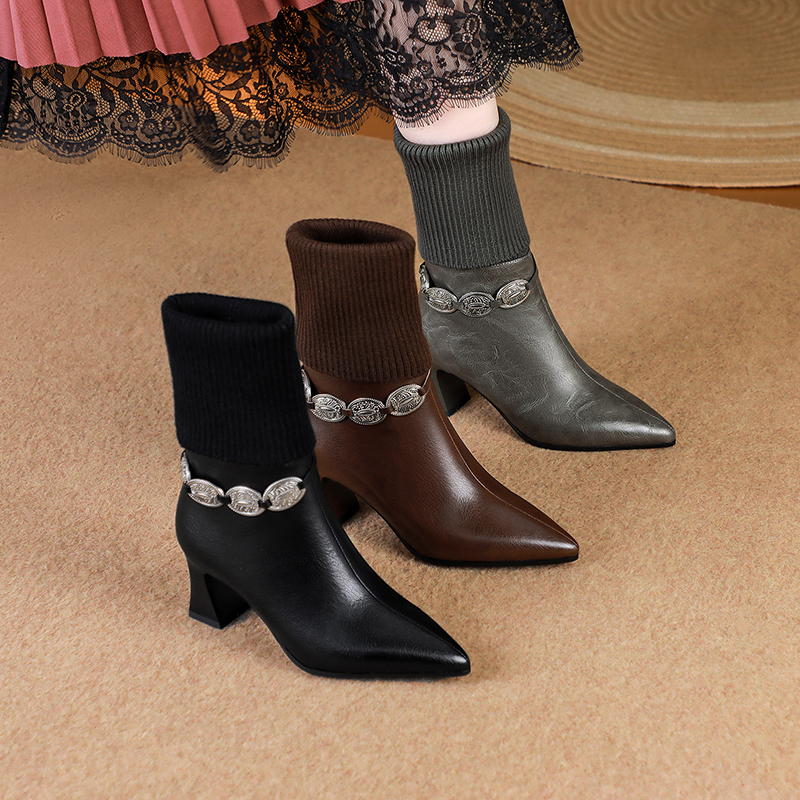 SLM/新款袜靴/34-42/牛皮1037尖头粗跟真皮气质高跟显瘦女靴