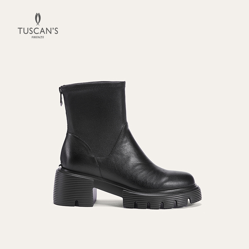 TUSCAN'S时代英伦风中跟女靴粗跟防水圆头短筒烟筒靴短靴