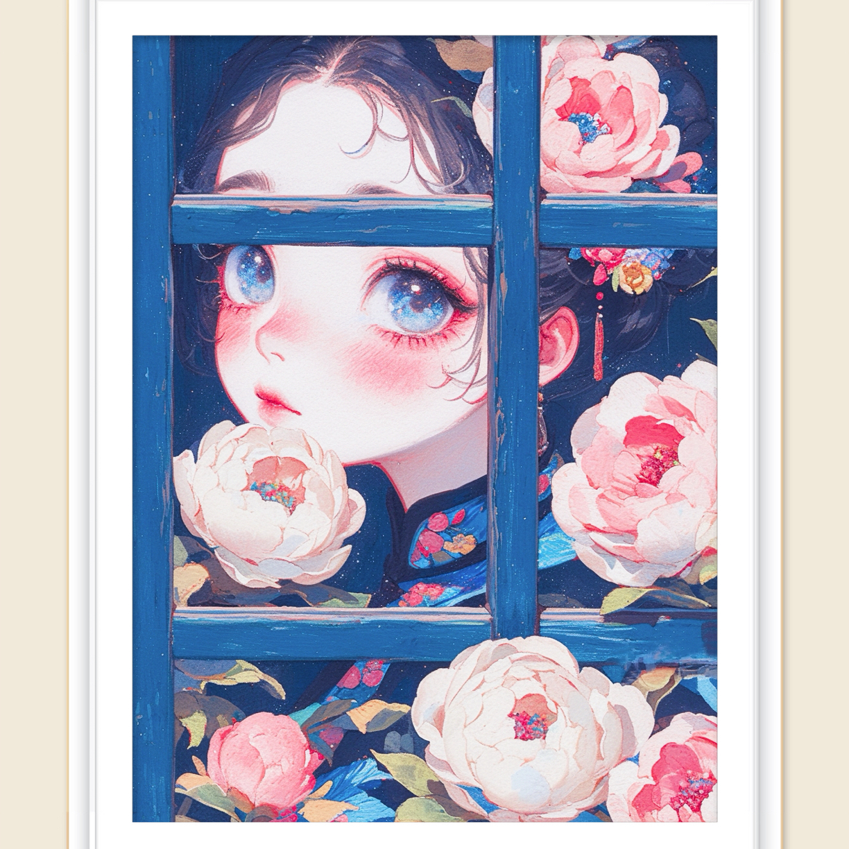 新疆长绒棉布，窗外花已开60*75大格四股线（精准印花）