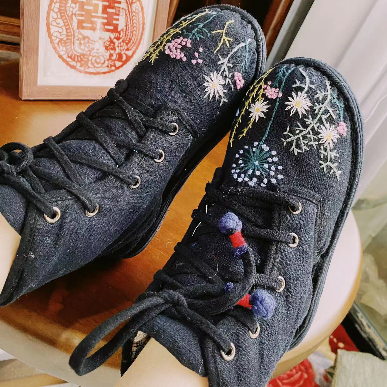 有钱花--【繁花】纯手工千层底高帮绣花加厚棉花布鞋