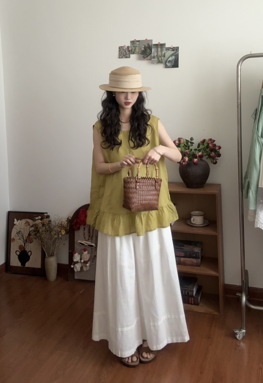 简约气质百搭苎麻宽松无袖背心后绑带（衣长63胸围126）