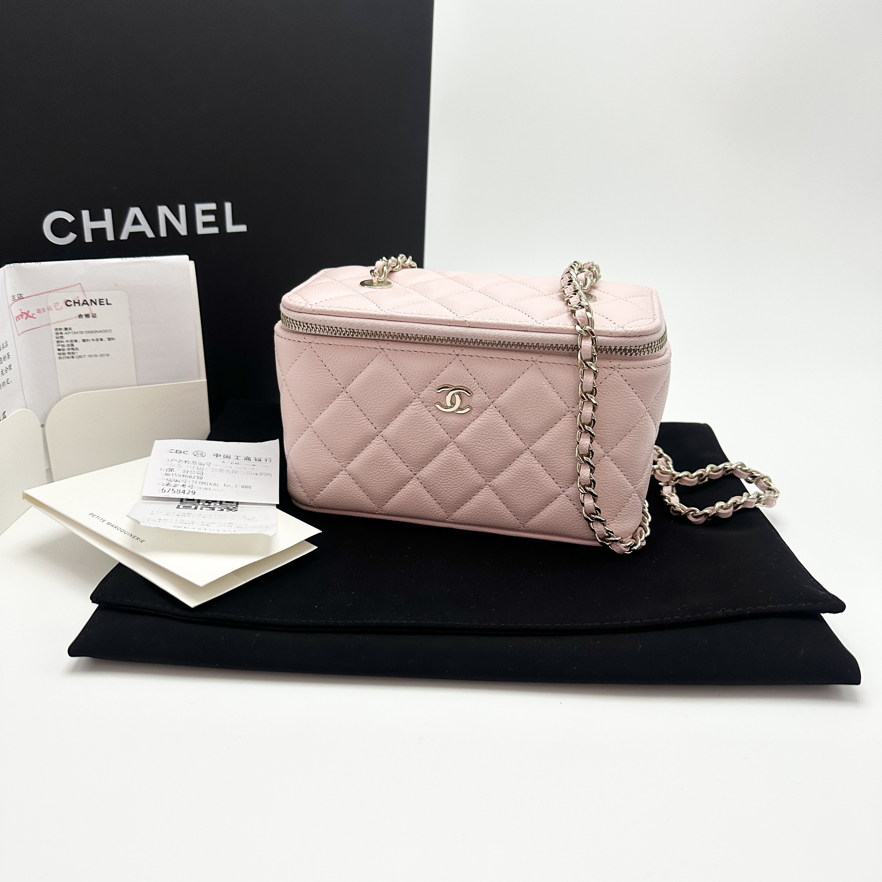 99新 Chanel/香奈儿 粉金荔枝牛皮化妆盒子链条包 03778