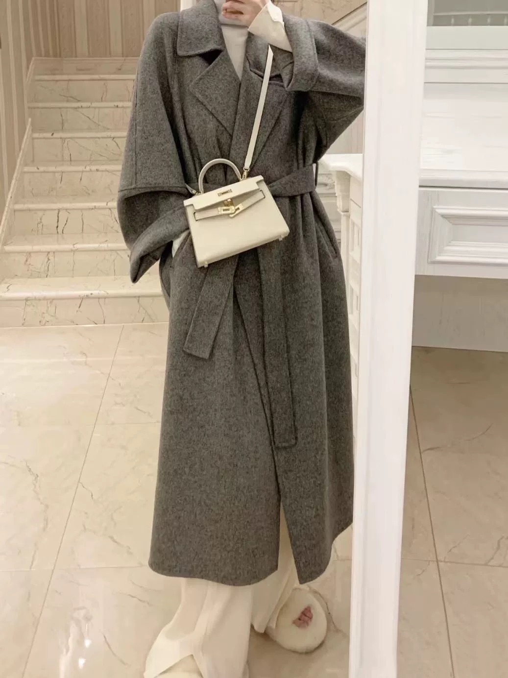 冬季新款毛呢大衣双面呢高级显瘦百搭不挑人赫本风中长款女外套