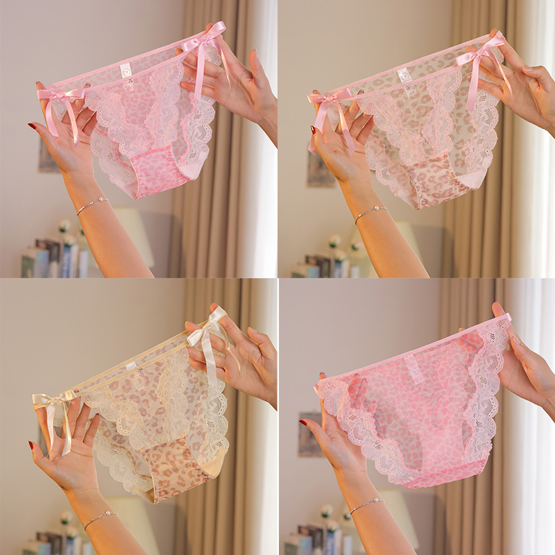 3条装豹纹少女系性感三角裤蕾丝女内裤低腰无痕花边棉裆