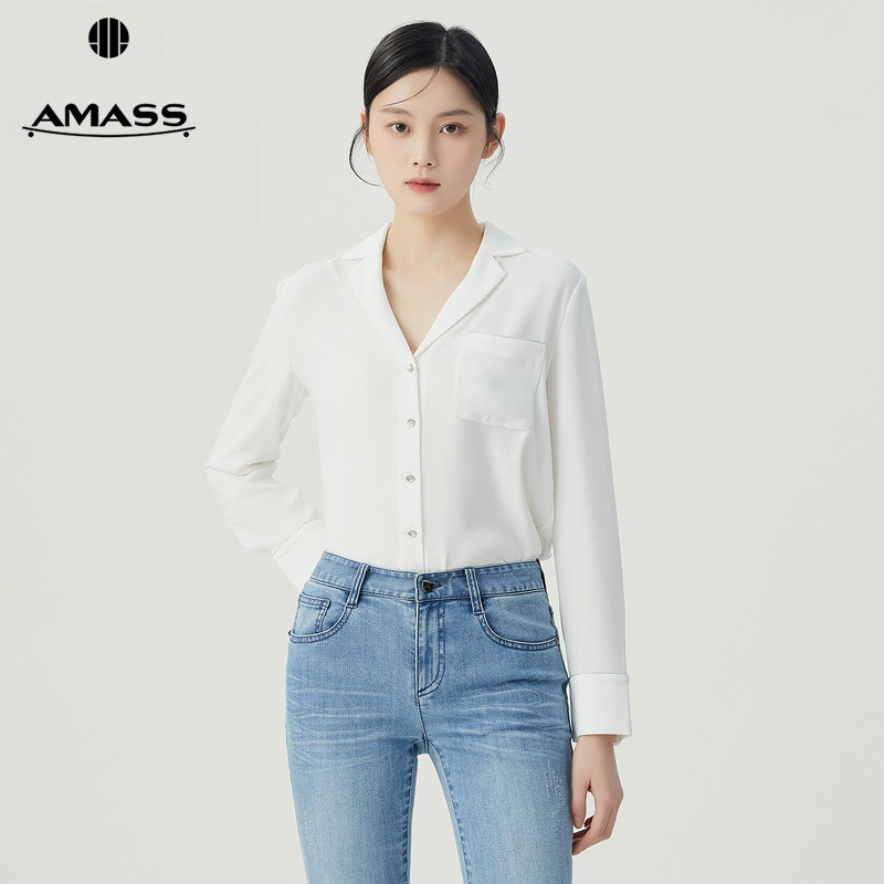 阿玛施AMASS新款女装通勤衬衫显瘦V领单排扣长袖老爹衬衣5300594