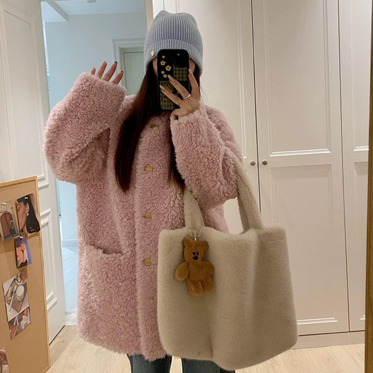 【莹莹推荐】大码双排扣加厚长袖大朵毛女秋冬微胖mm显瘦宽松大外套