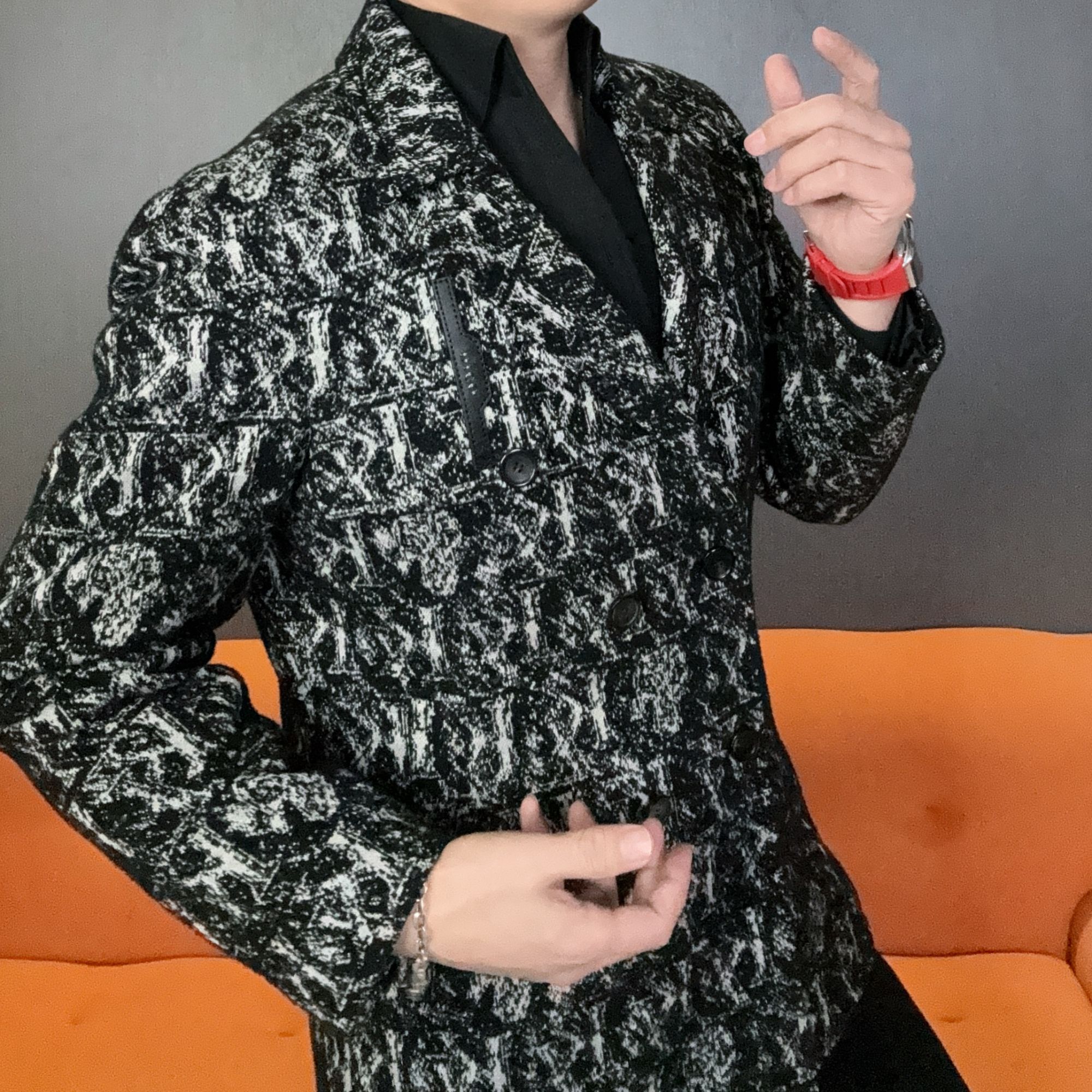 秋冬季男羽绒服西服款平驳领设计羊毛混纺定制提花免烫时尚外套