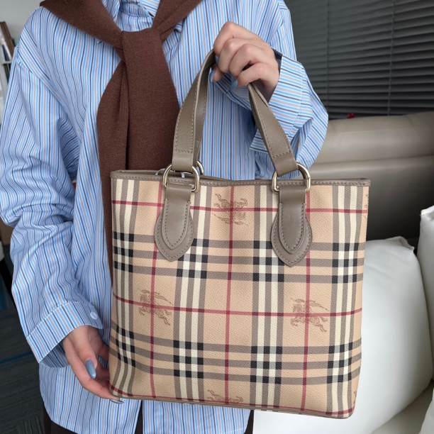 95新 BURBERRY/博柏利 XM/豆绿灰战马格纹手提薇薇安/WJ11129360
