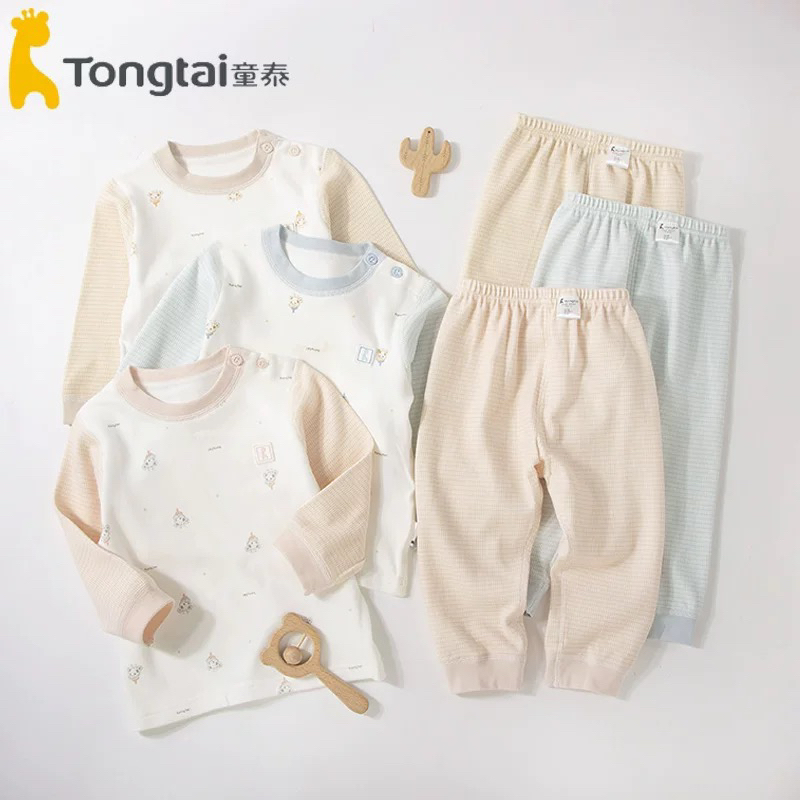 Tongtai/童泰25年宝宝秋冬棉毛加厚格子袖柔软肩开分体秋衣套装