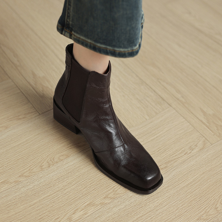 法式百搭&6cm时尚轻奢头层羊皮短靴女秋冬真皮方头粗跟切尔西女靴