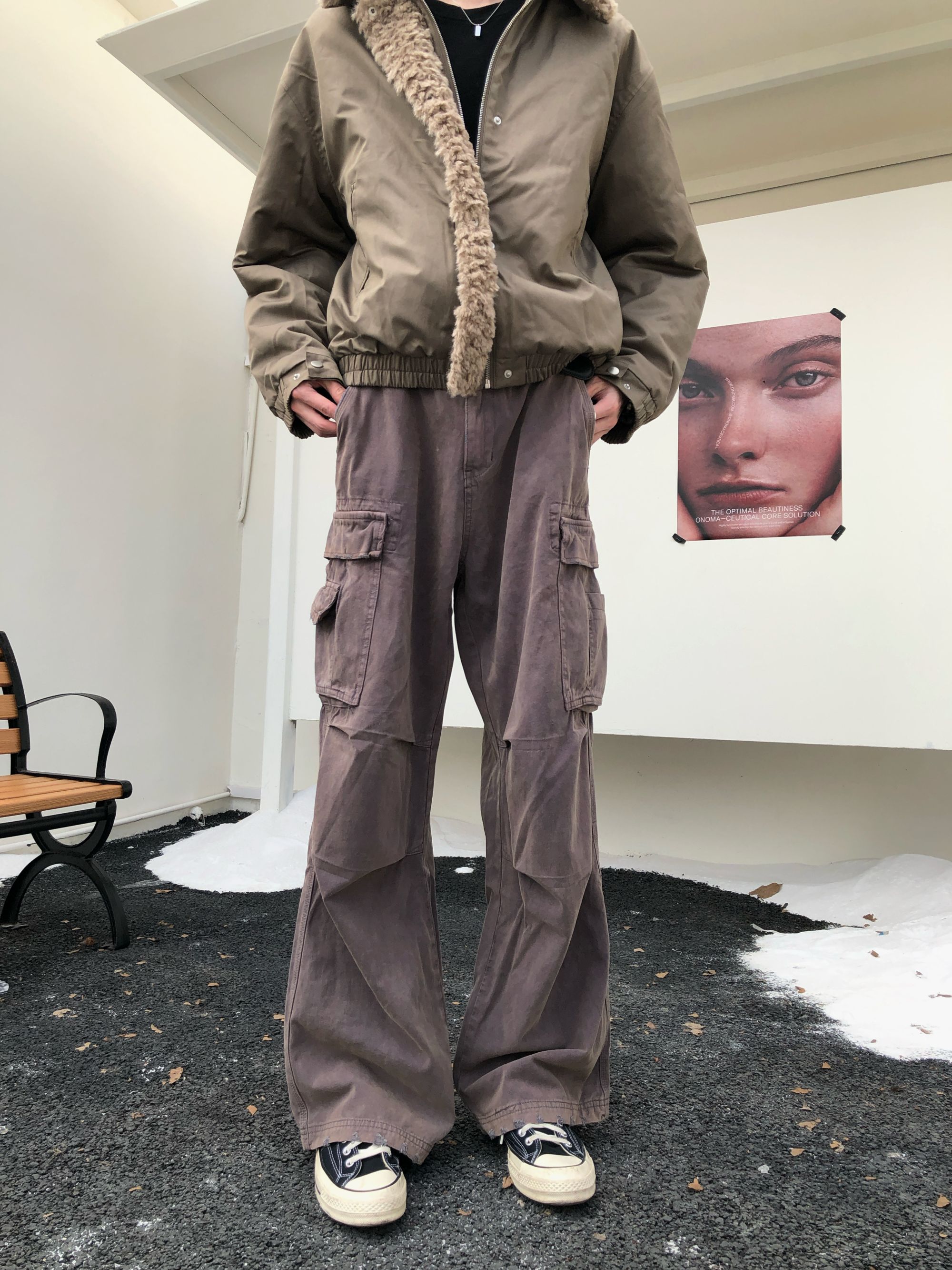 BUFANSTUDIO美式街头重水洗灰紫色工装裤褪色破坏长裤宽松休闲裤