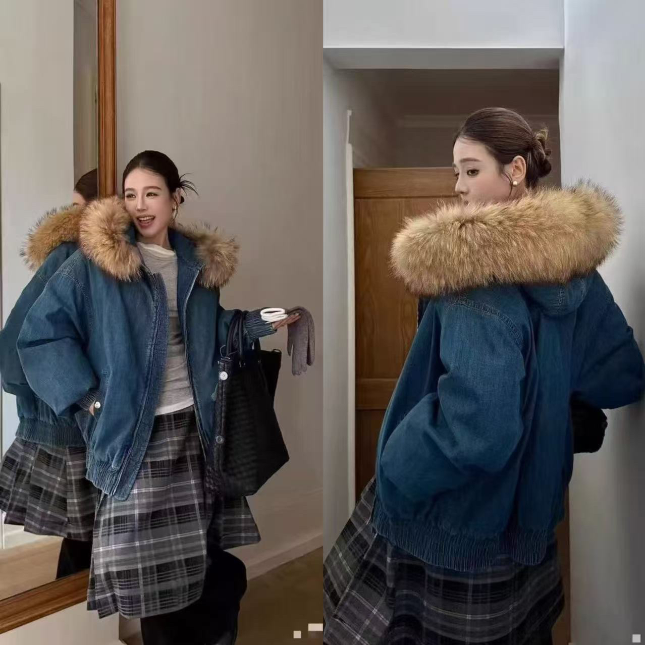 【欧洲站】真毛领廓形牛仔羽绒服