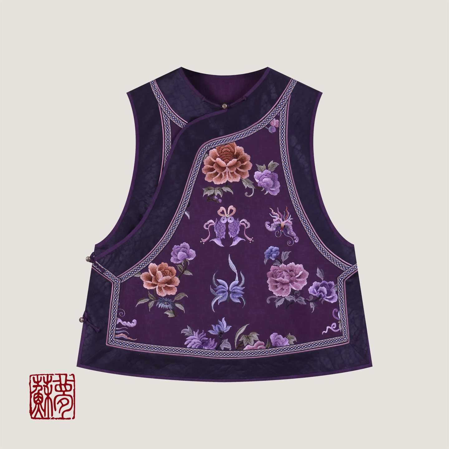 蘇夢【紫瑞呈祥】香云纱紫色手绣圆领斜襟马甲0104186