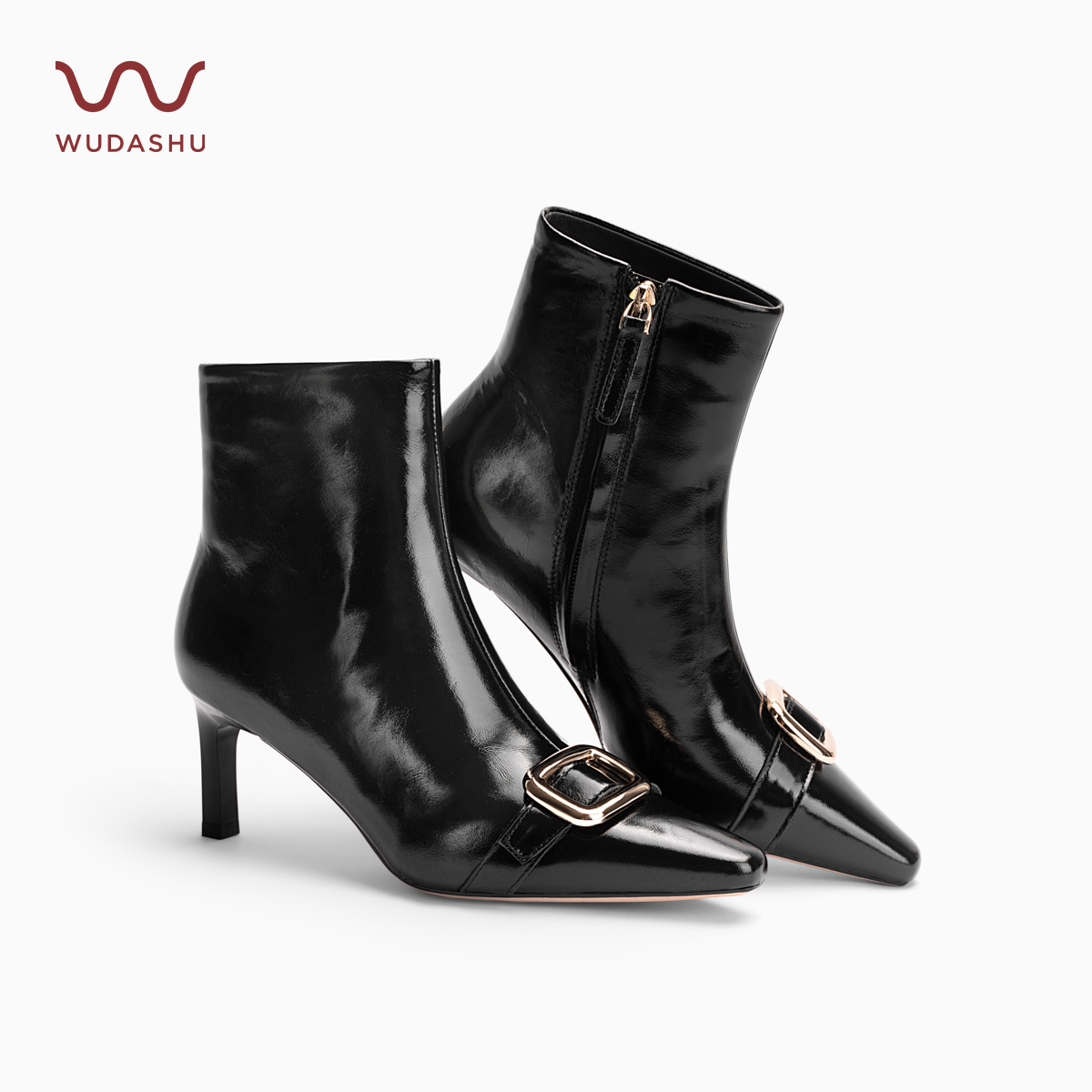 穿高跟鞋的吴大叔冬季黑色气质高跟细跟短靴尖头金扣漆皮气质靴子