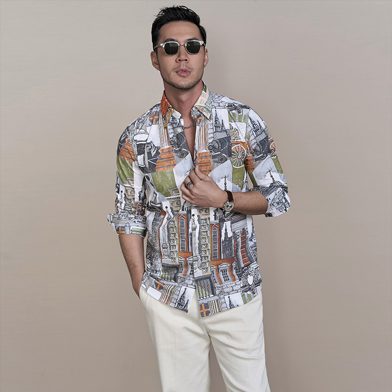 【度假系列高弹】2025春夏男士休闲印花针织衬衫长袖修身衬衣