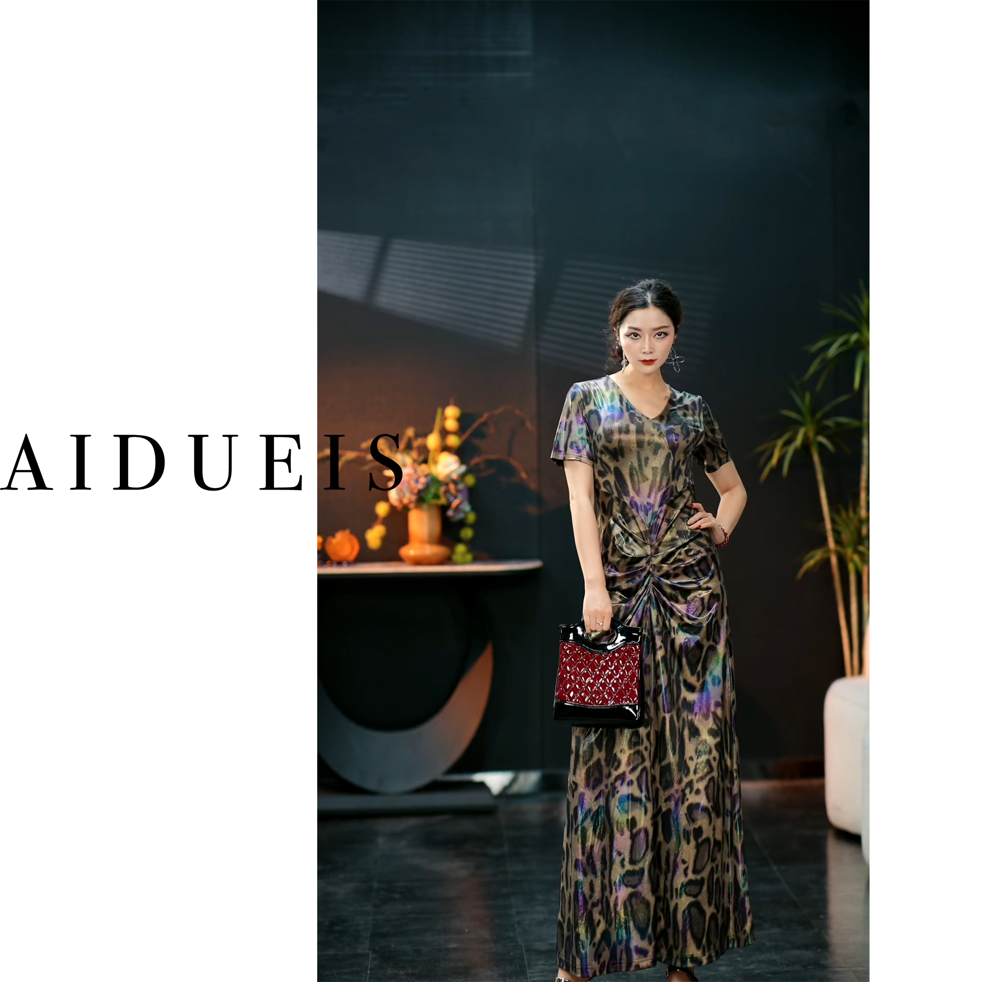 AIdueis【波纹荡漾】新款连衣裙v领套头长款时尚气质设计师款1508