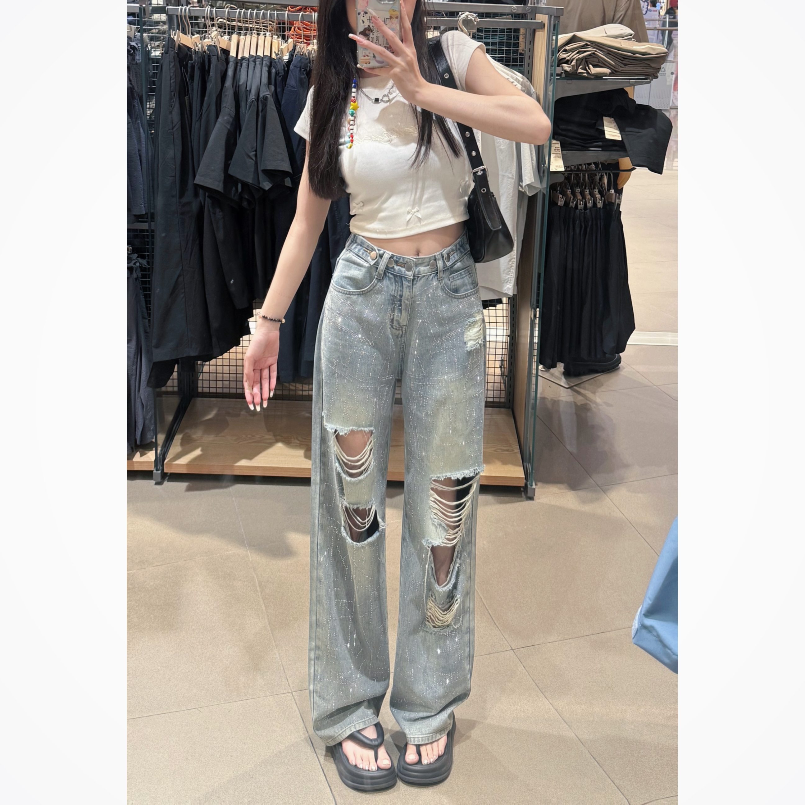 烫钻破洞时尚牛仔裤女夏季新款薄款小个子显瘦宽松高腰直筒裤子