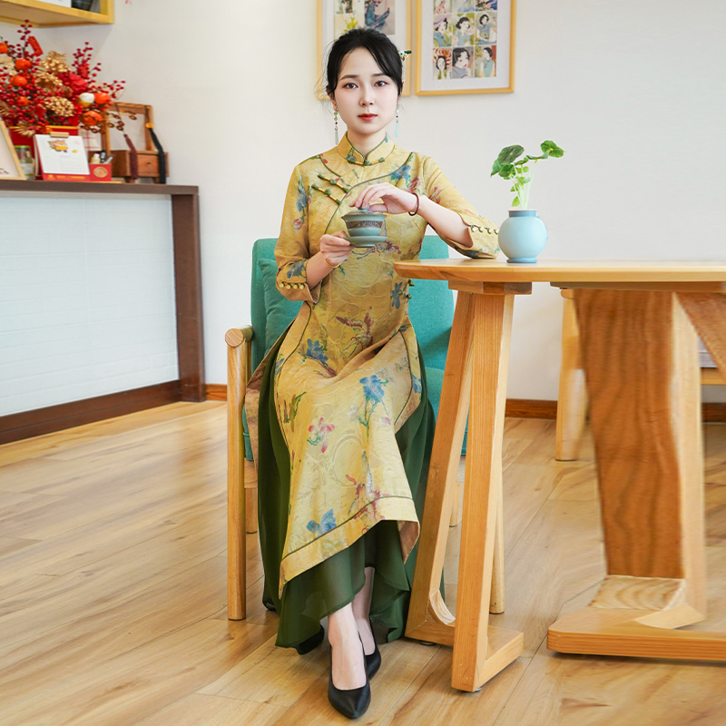 如意风秋季新款复古新中式改良旗袍高端大气修身奥黛旗袍女25R695