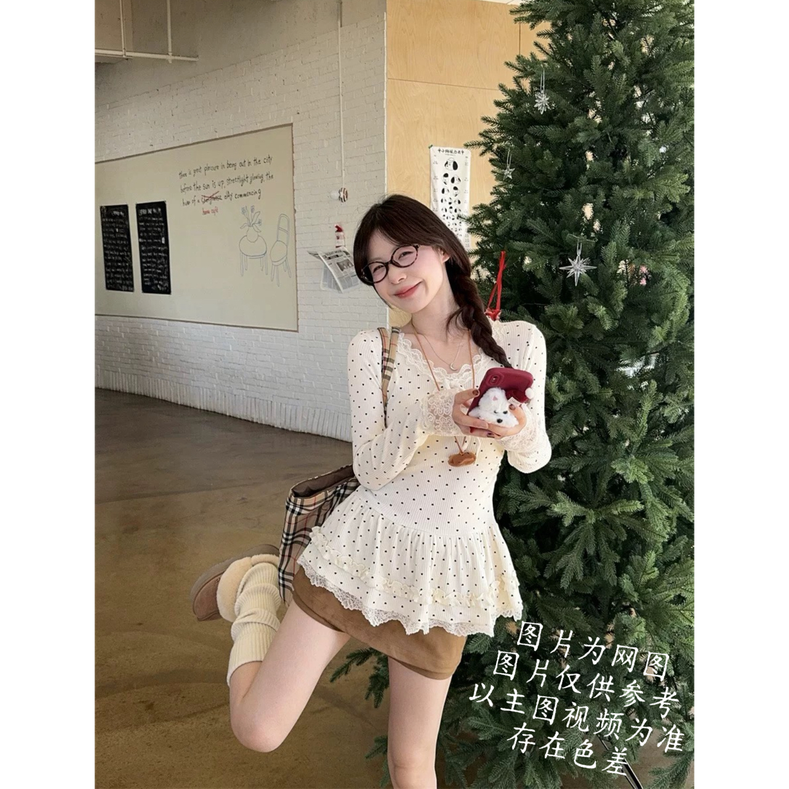 【大白莎家】大码胖MM秋冬新款蕾丝花边波点印花长袖修身显瘦内搭