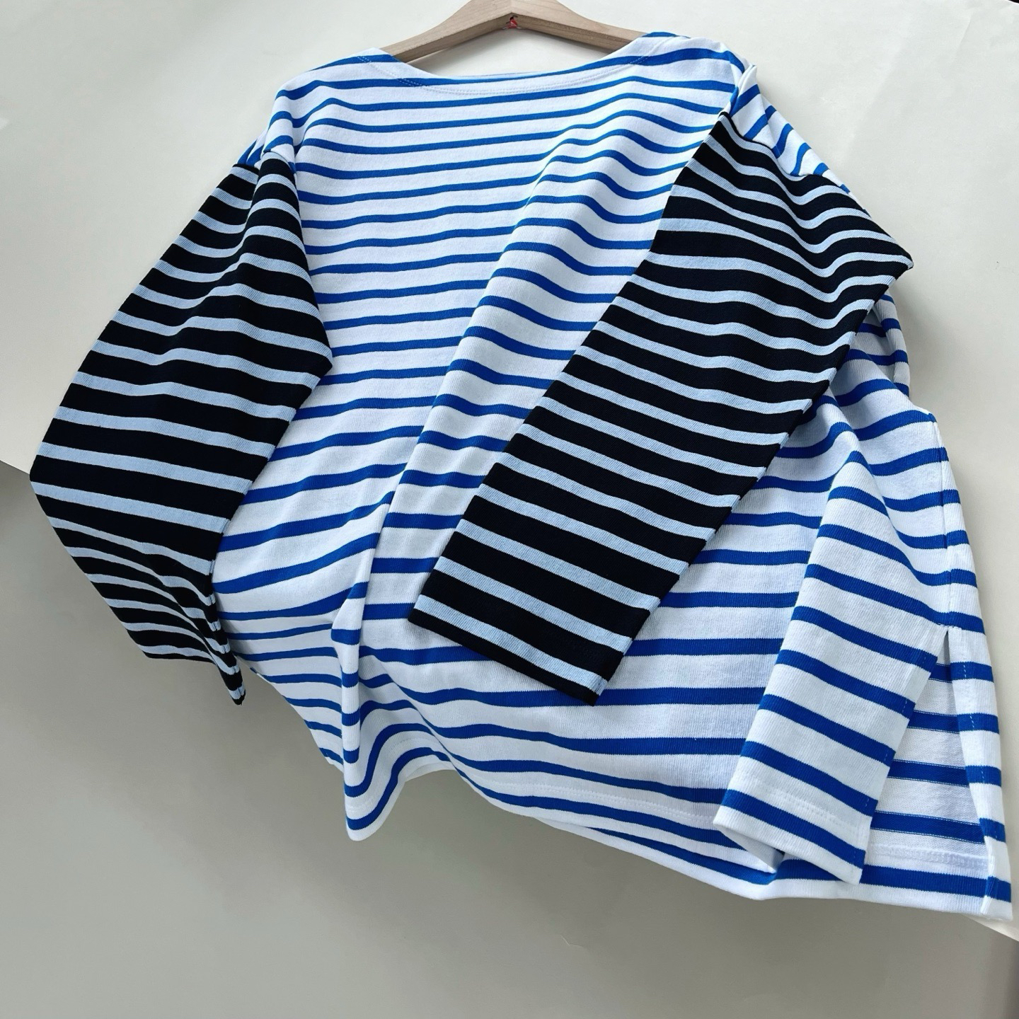 日单纯棉宽松拼接条纹T恤圆领长袖