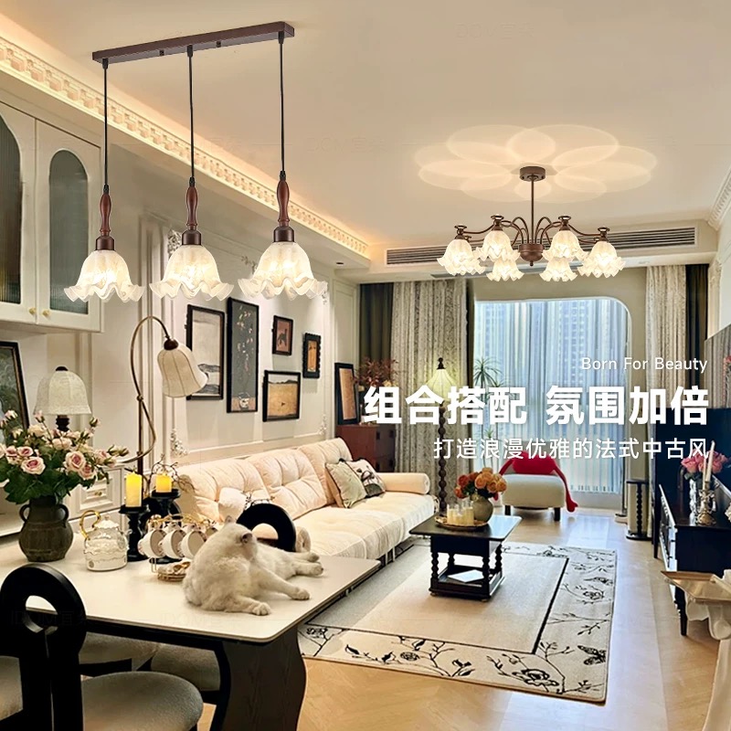 法式中古风客厅美式复古主卧室灯具奶油风铃兰花壁灯吊灯法式灯具