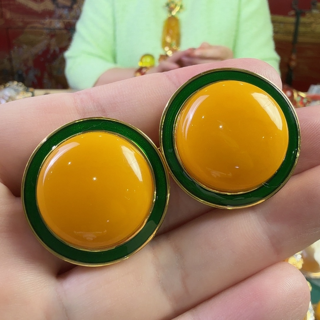 蜜蜡银S925镀金镶嵌耳钉