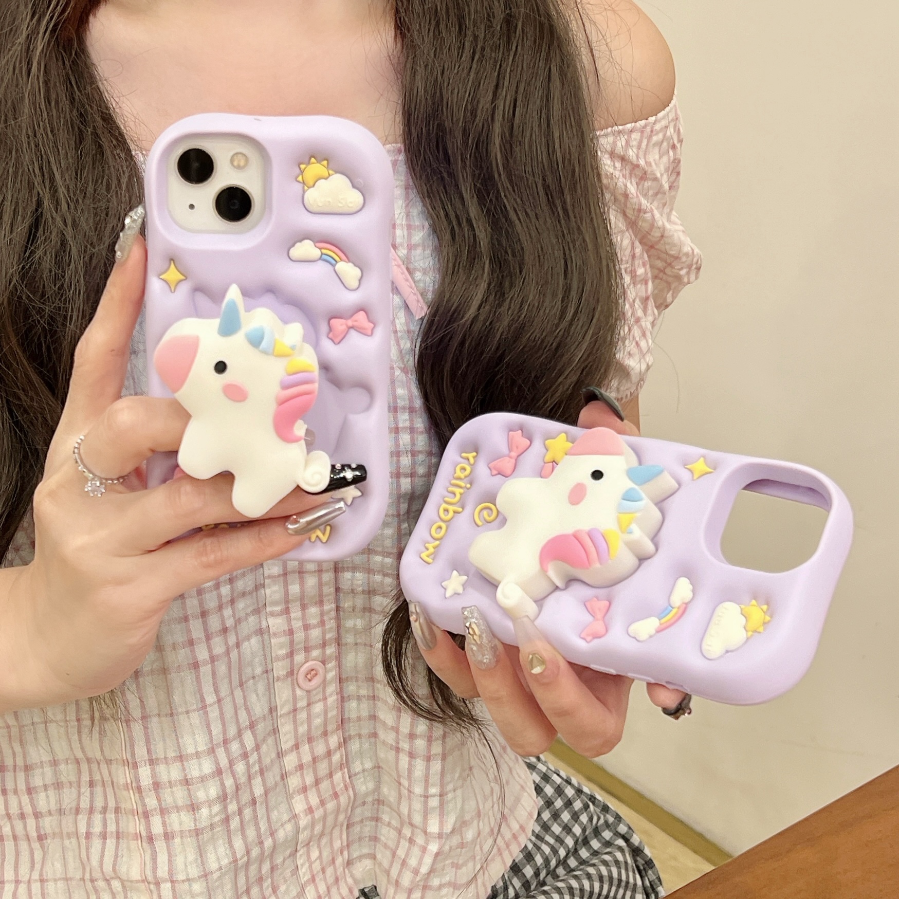 苹果|紫色支架旋转跑马灯独角兽适用iPhone17P可爱少女风硅胶软壳