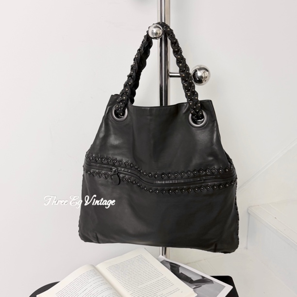95新 BOTTEGA VENETA/葆蝶家 黑色编织铆钉单肩托特/ThreeEg中古
