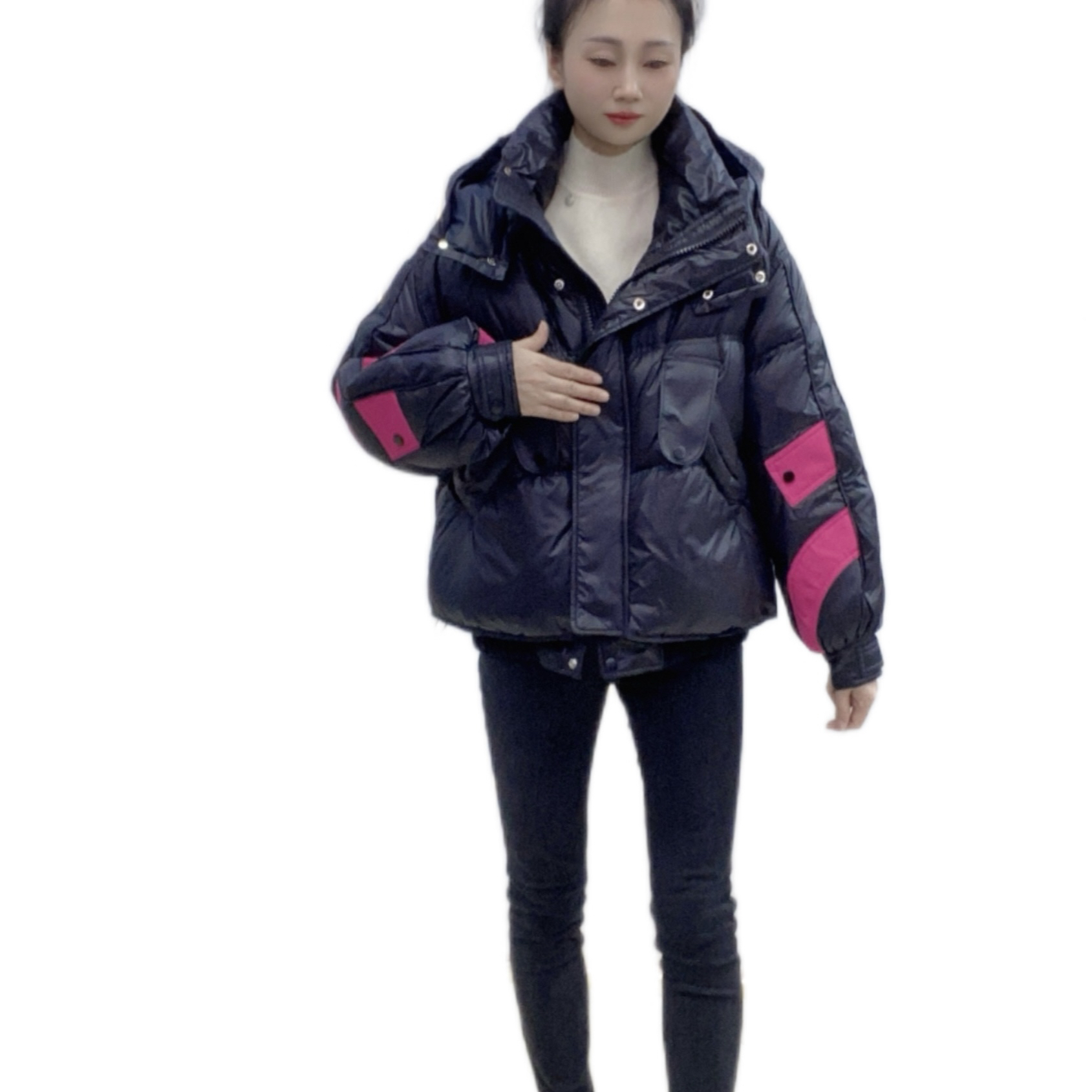 冬季新款15时尚潮流休闲洋气减龄加厚羽绒服连帽外套