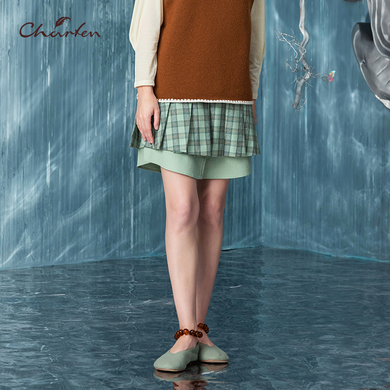 【媛媛专享】朝峰复古格子学院风百褶假两件半身裙CFC5D360-300E