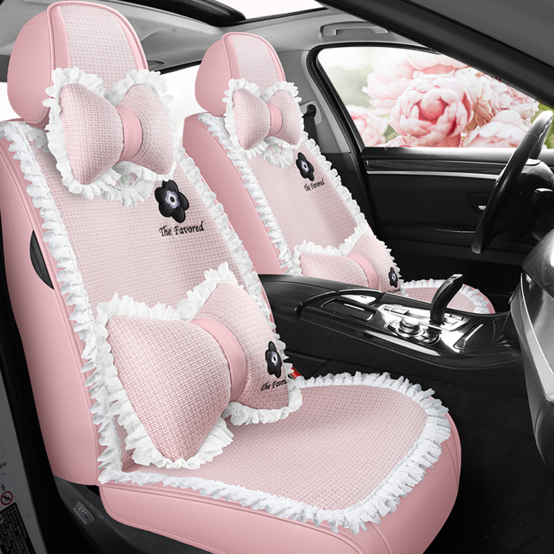 网红汽车坐垫四季通用女士可爱座套全包卡通座椅套蕾丝卡通车座垫