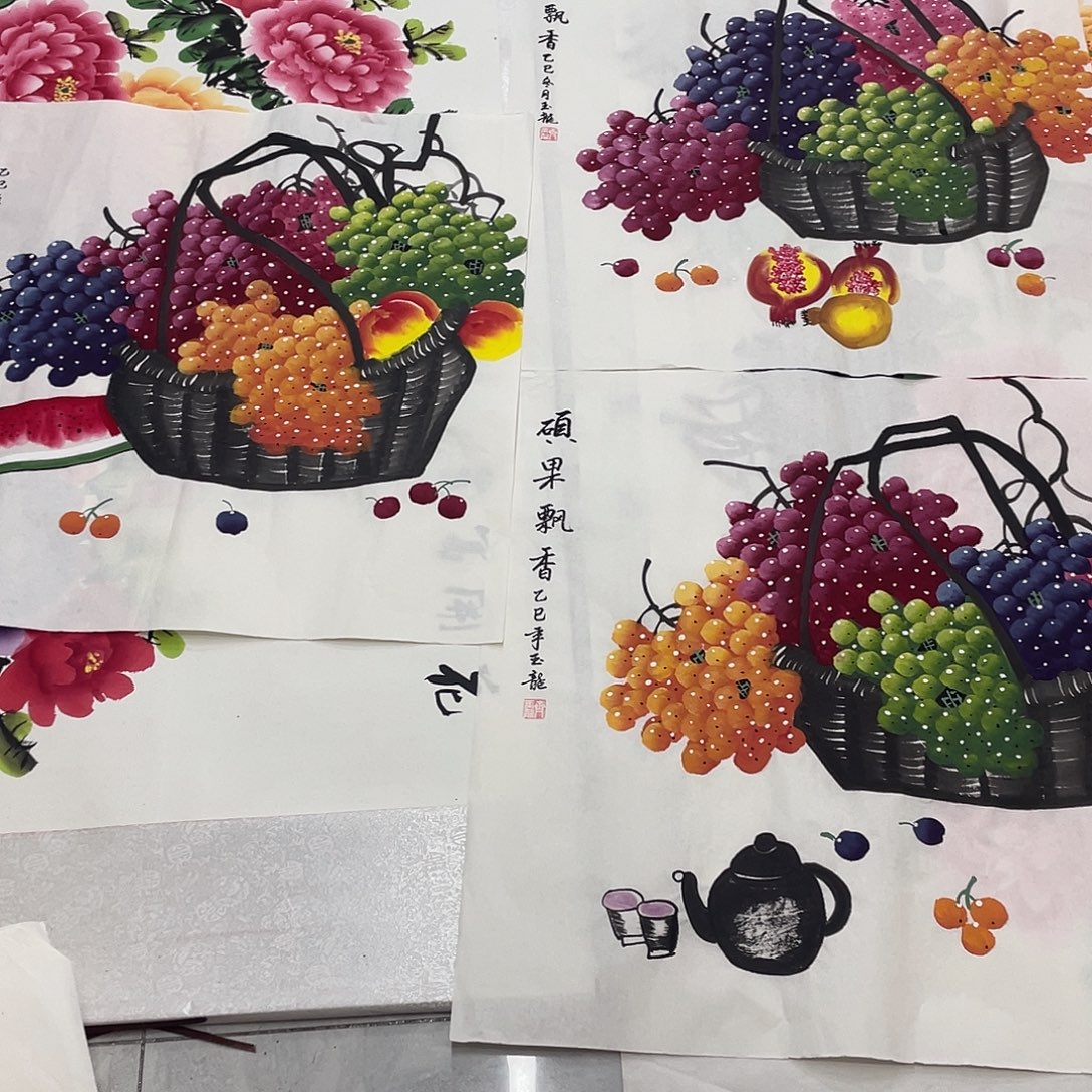 国画国画作品原稿70斗方葡萄三张