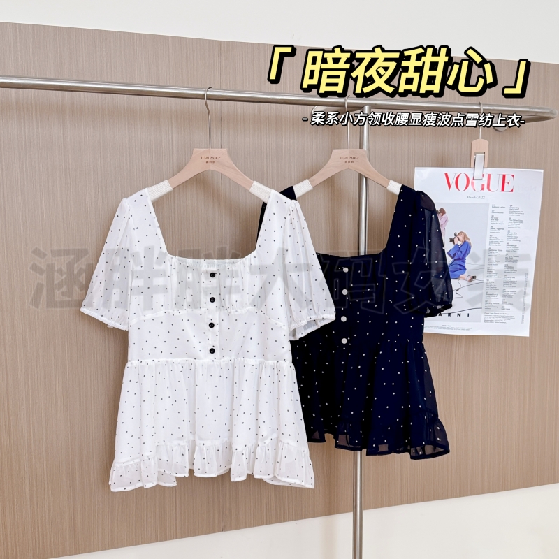 清【涵胖胖】暗夜甜心~柔系小方领收腰显瘦波点雪纺上衣XZ25183【B】