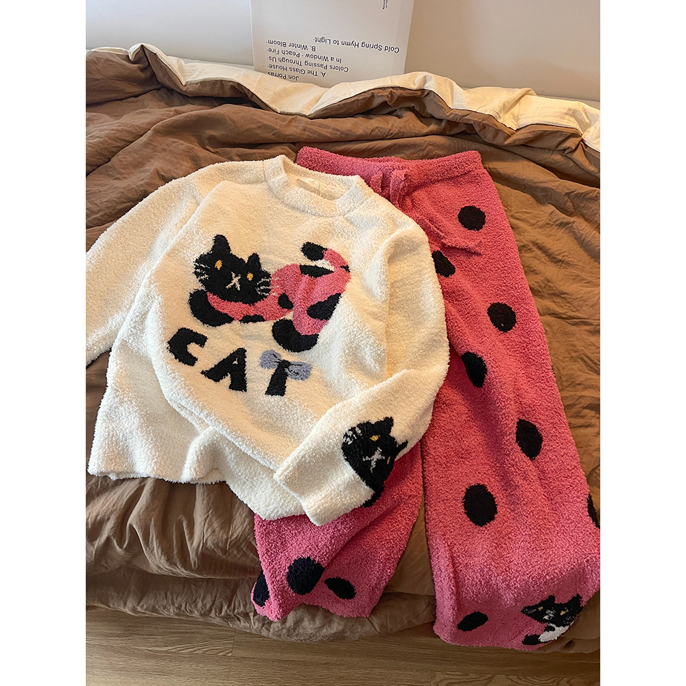 甜美可爱猫咪印花针织半边绒睡衣女秋冬软糯加厚保暖家居服可外穿