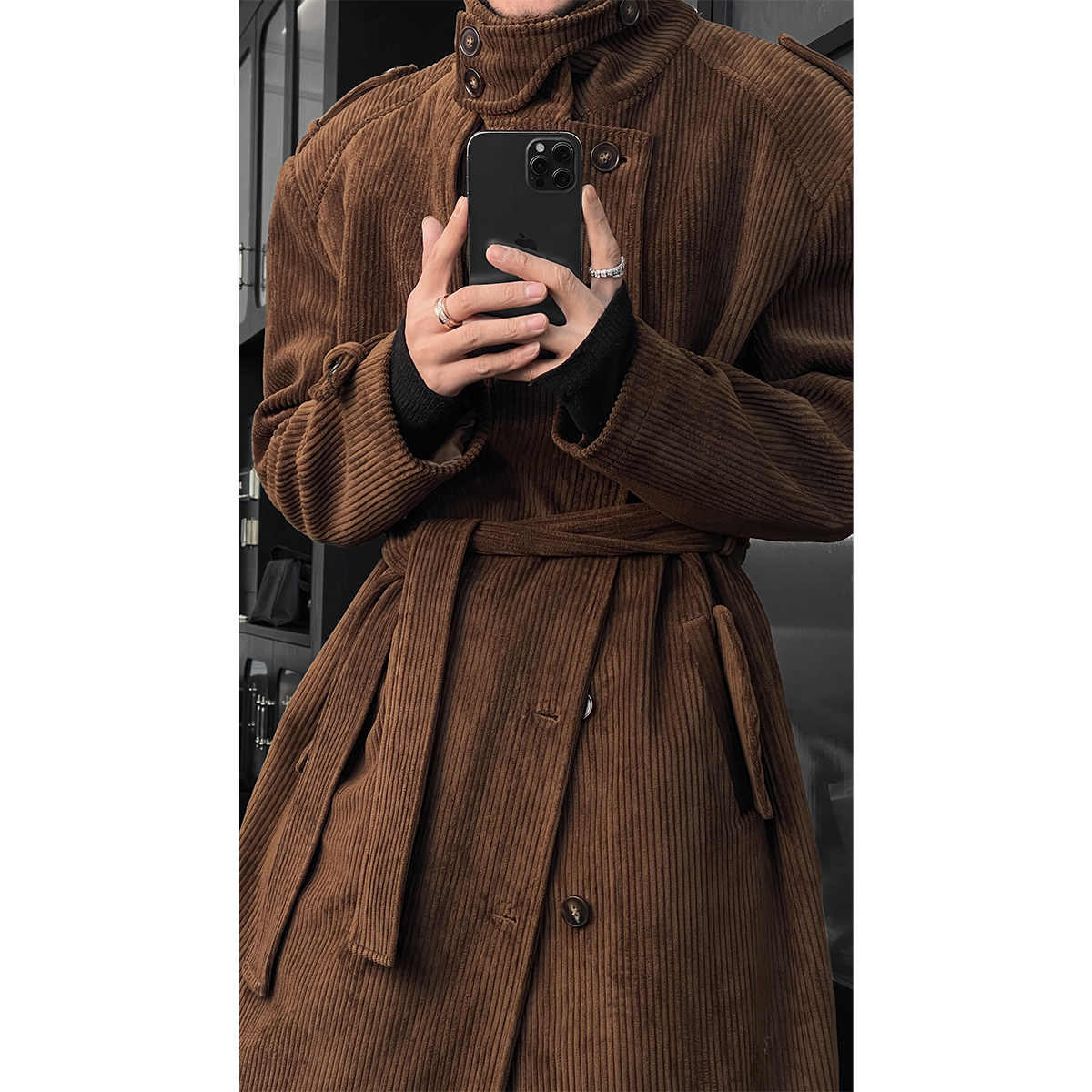 龙叨叨冬季新款潮流复古灯芯绒高级感通勤风宽松百搭长款毛呢大衣