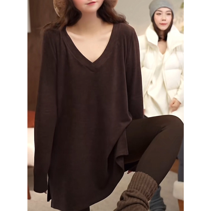 慵懒风气质V领长袖T恤女2025年秋季新款宽松垂感中长款打底衫上衣