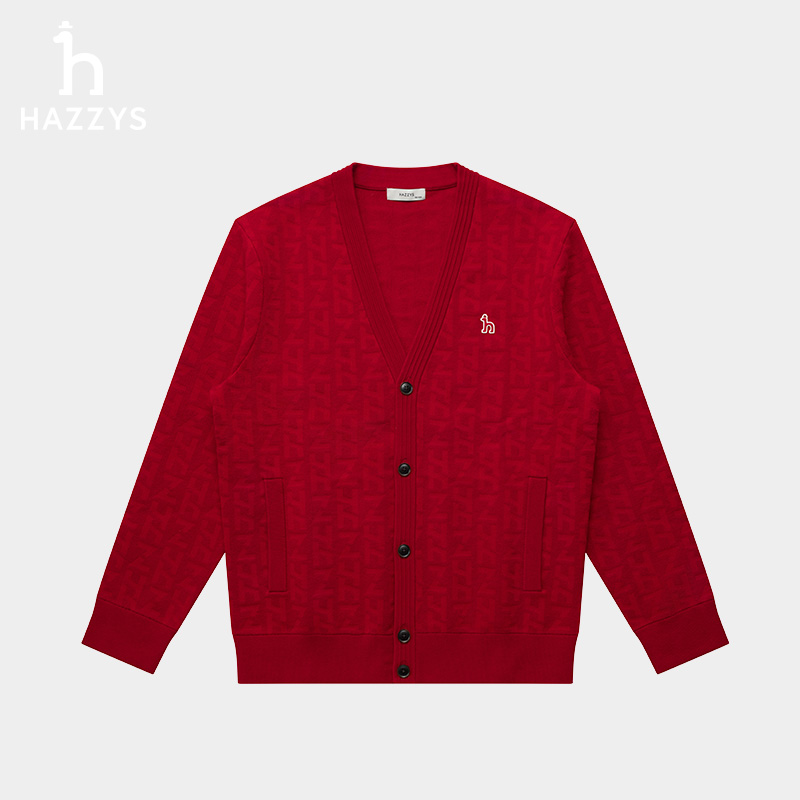 Hazzys哈吉斯男士春秋季红色针织开衫休闲毛衣羊毛衫