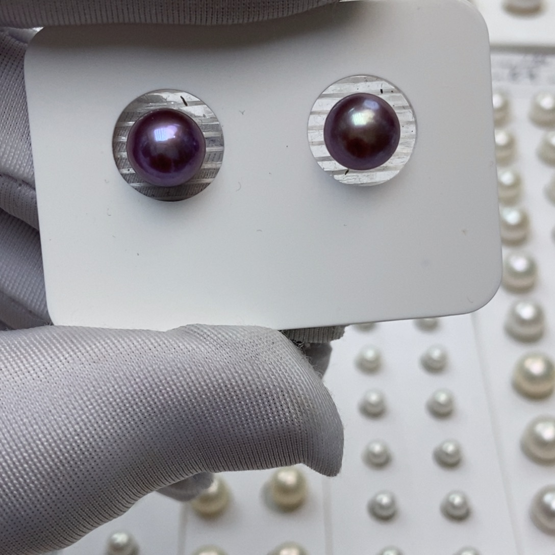 淡水珍珠耳钉银S925镶嵌8-9