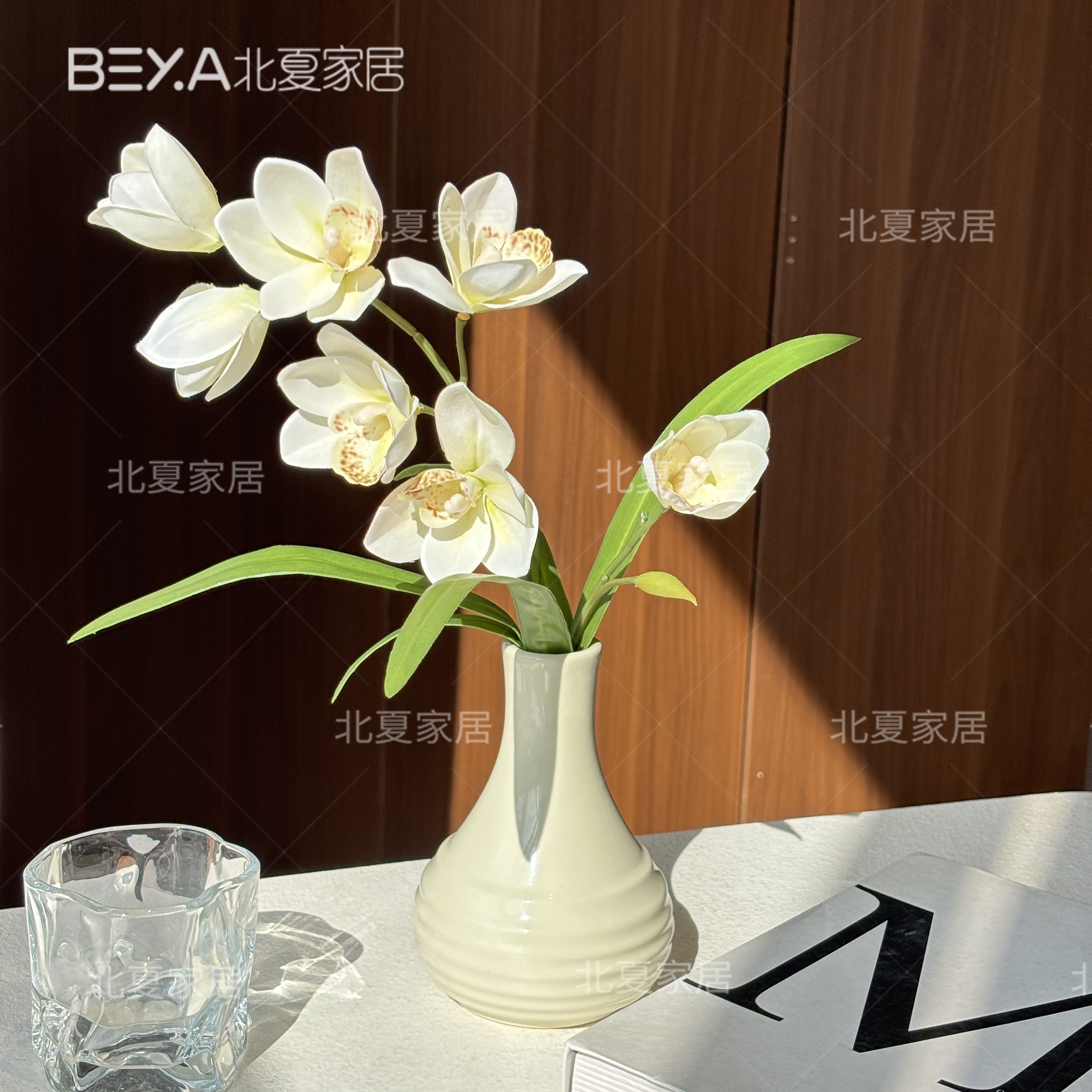 禅意茶室插花装饰花仿真花手感兰花客厅家居摆件假花带叶蕙兰花艺