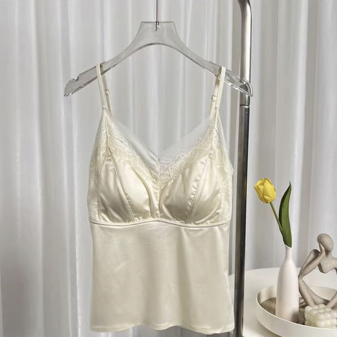 新款蕾丝美背缎面轻奢带胸垫遮副乳内衣背心